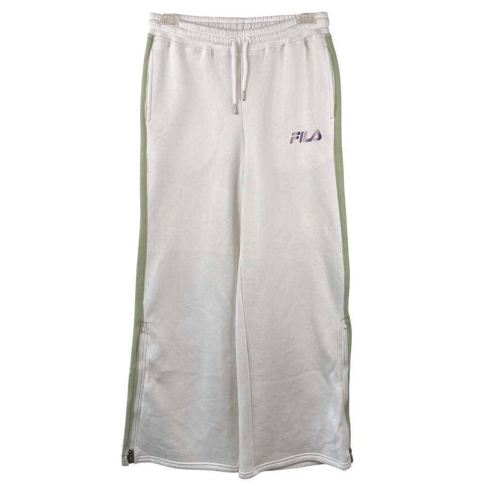 FILA Alaura Wide Leg Pants Cream Sage Green Side Stripe Fleece Small NWT